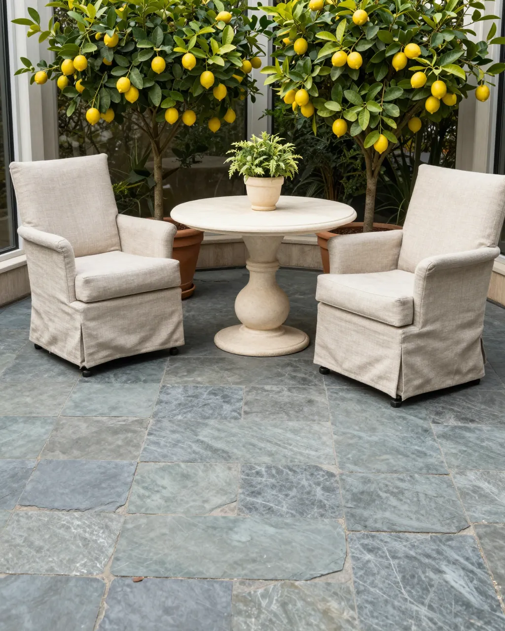 A sunroom with slate tile flooring holds two linen swivel chairs, a round stone table, and potted lemon trees.
