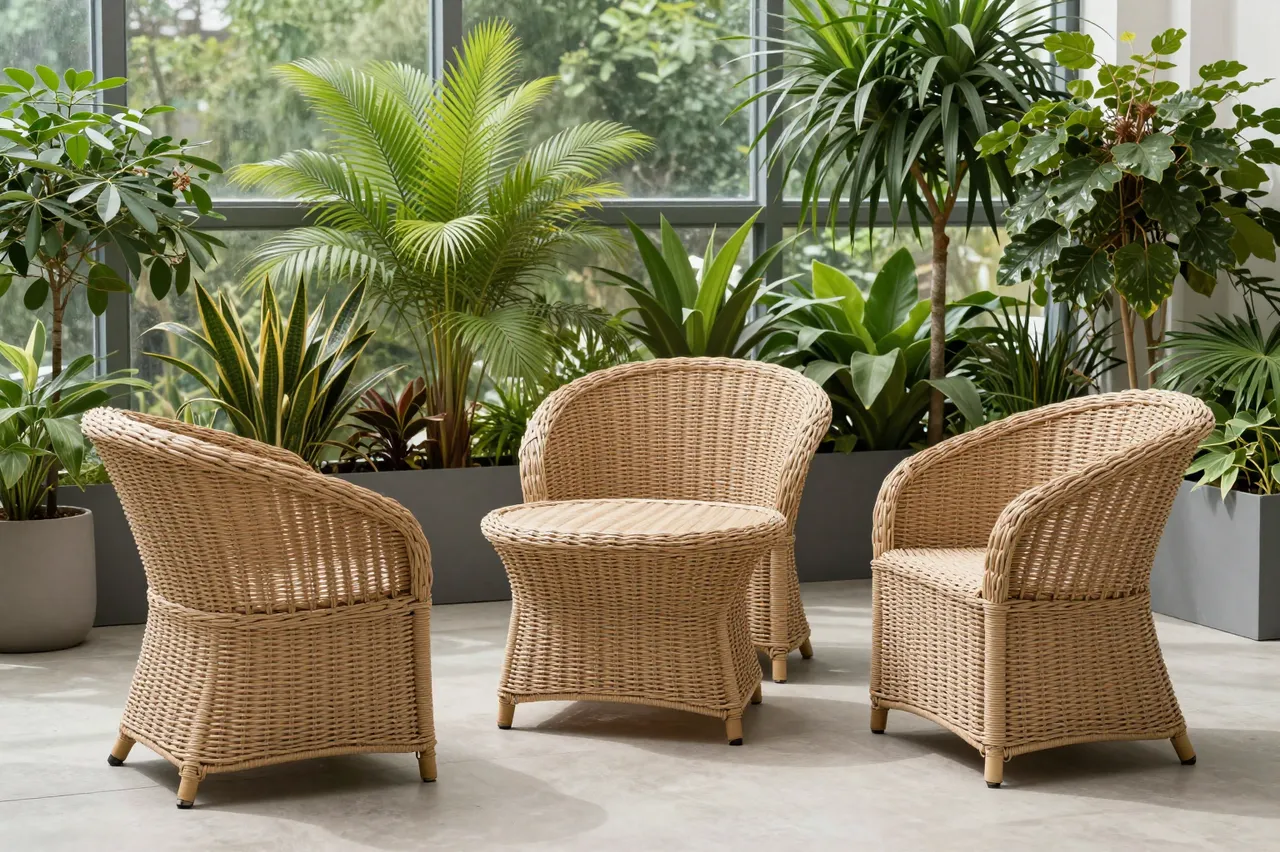 Light brown wicker chairs and a side table sit surrounded by lush houseplants in a sunlit indoor sunroom