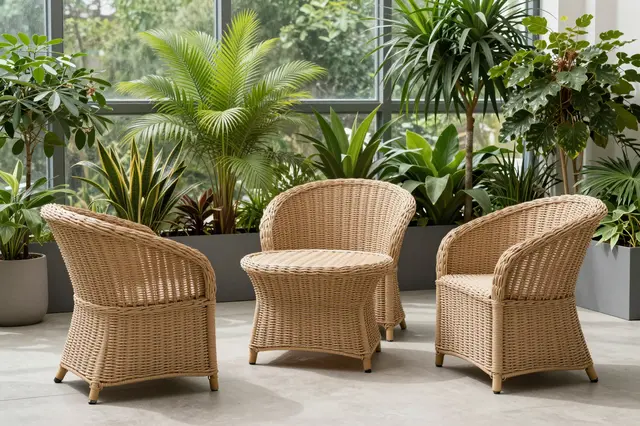 Light brown wicker chairs and a side table sit surrounded by lush houseplants in a sunlit indoor sunroom