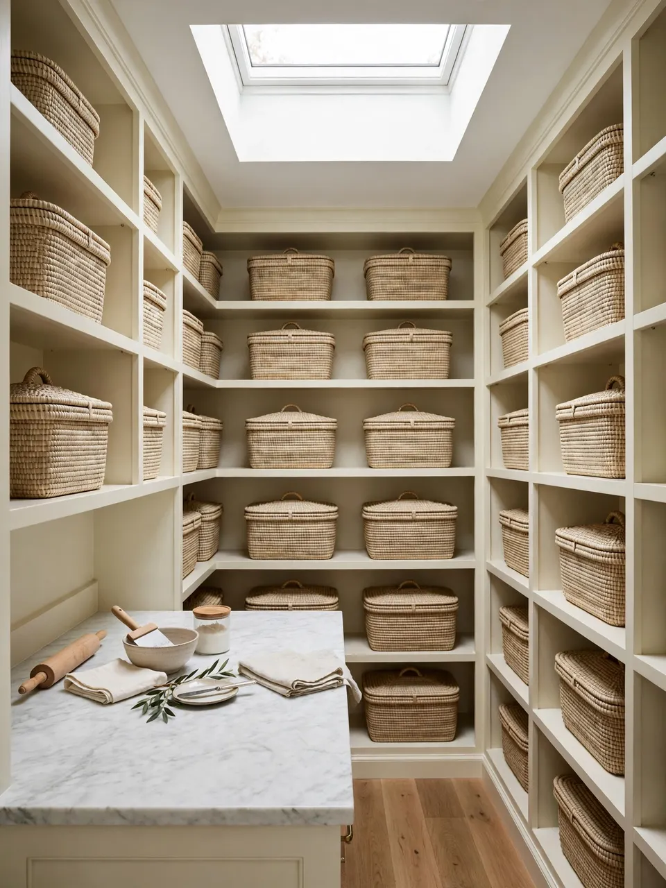 A cream shelved walk-in pantry with wicker baskets, marble countertop, and overhead skylight.