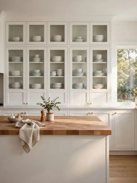 Sunlit kitchen with tall white glass-front cabinets, a butcher block island, and stacked plain dishware.