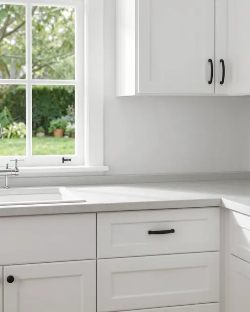 Sunlit kitchen corner with white cabinets, black hardware, stone counter, and garden view through the sink window
