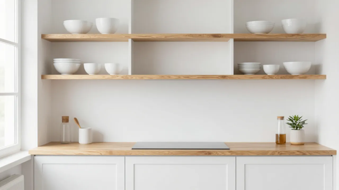 Clean bright white kitchen interior with open oak shelves holding plain white bowls next to a window