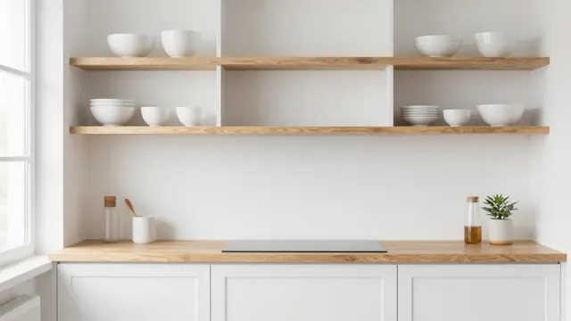 Clean bright white kitchen interior with open oak shelves holding plain white bowls next to a window