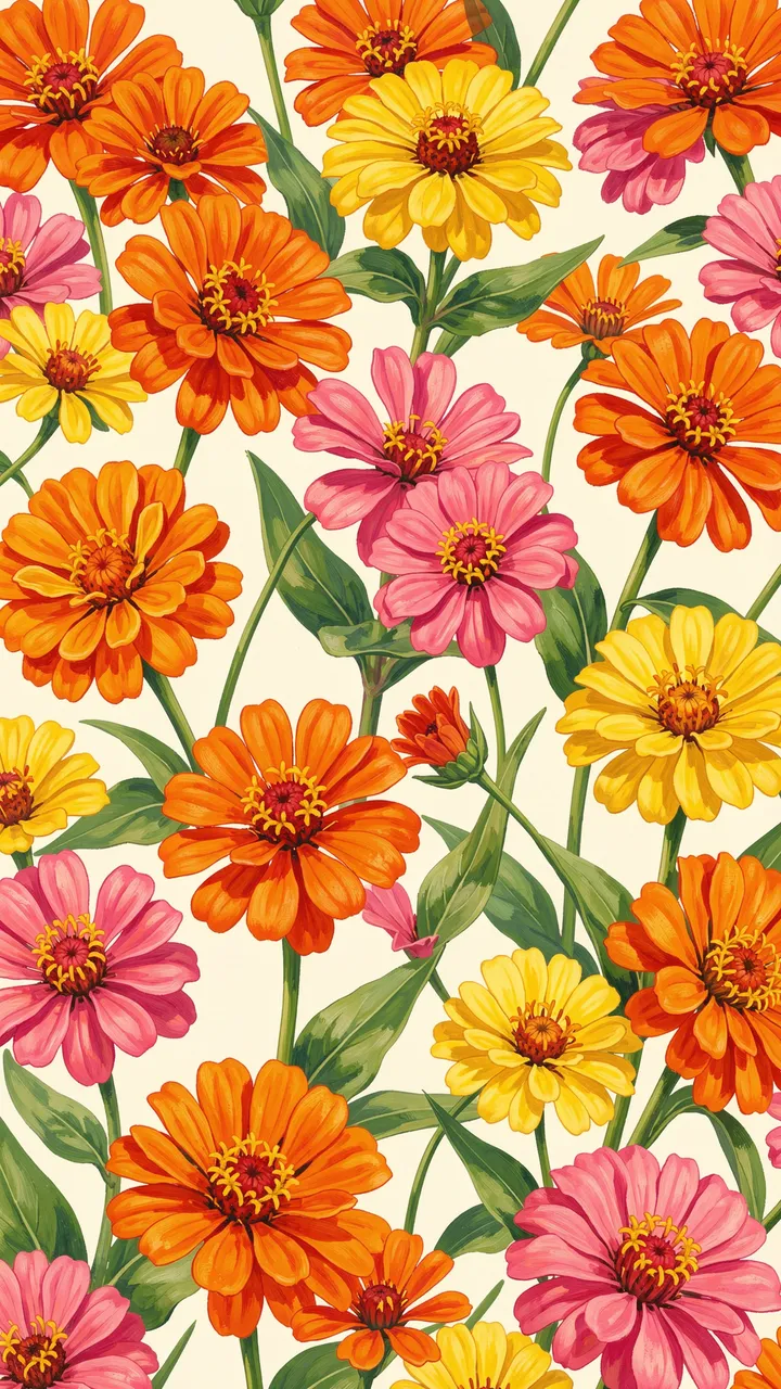 Bold gouache pattern of orange, pink and yellow zinnias arranged on a soft cream background