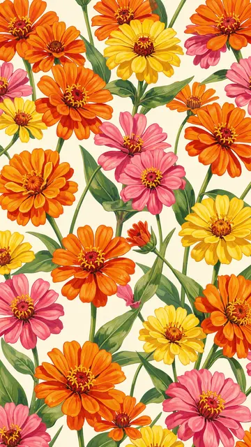 Bold gouache pattern of orange, pink and yellow zinnias arranged on a soft cream background