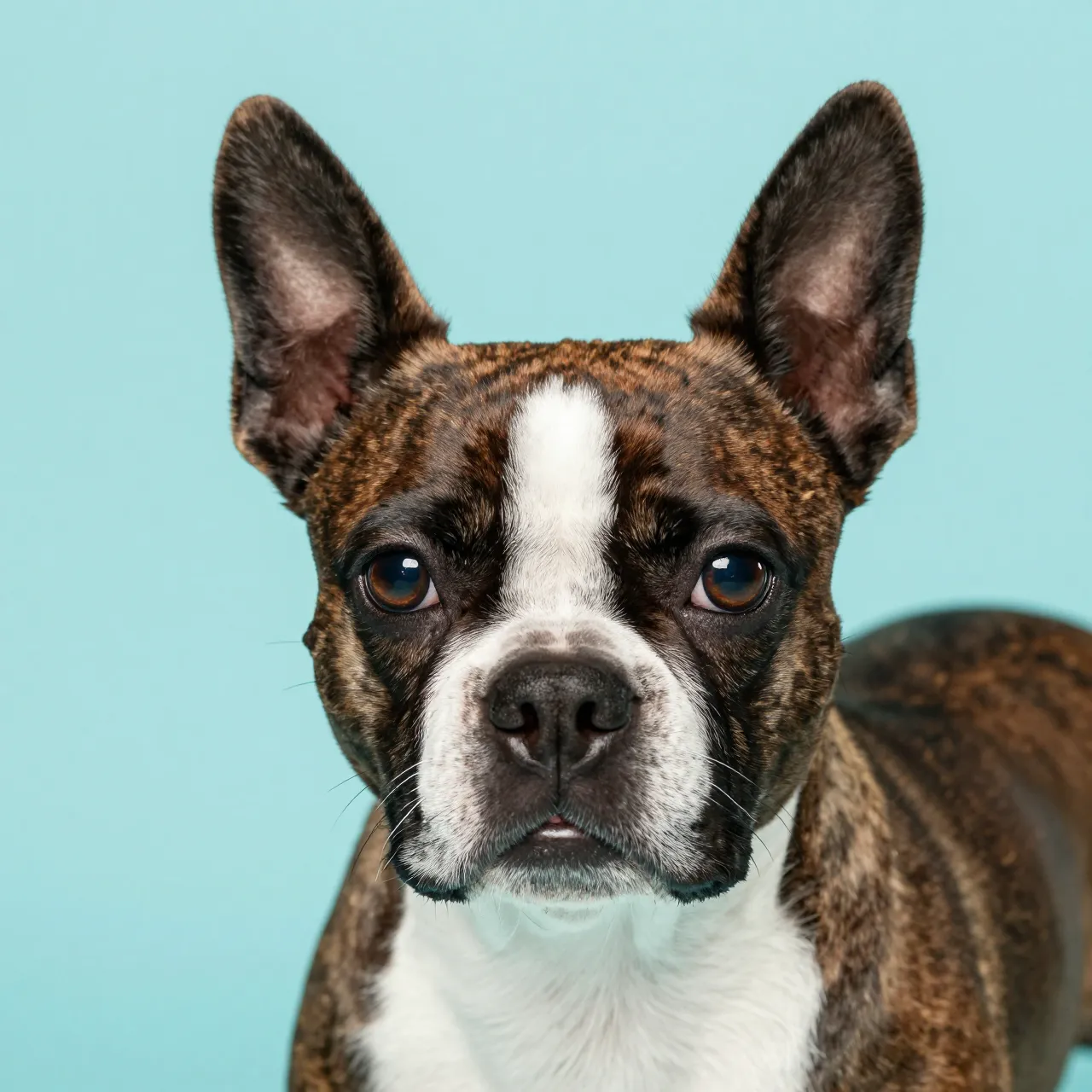 Close-up head portrait of a brindle and white Boston Terrier facing the camera on a soft turquoise backdrop