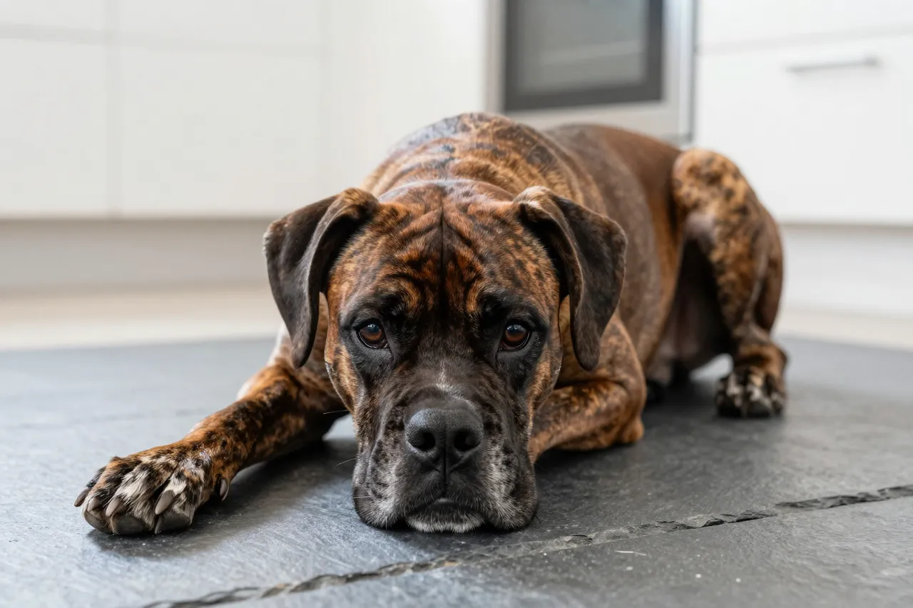 A brindle boxer dog lies resting on a dark slate kitchen floor looking at the camera