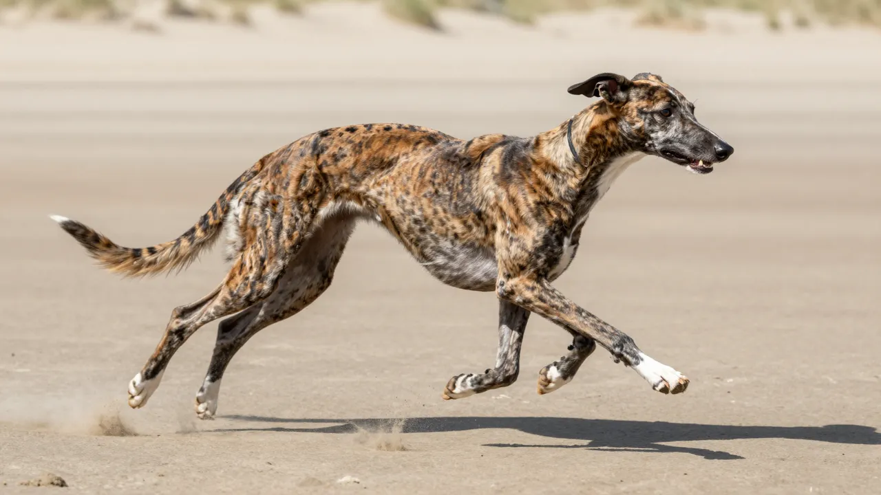 A side view of a brindle greyhound running at full speed across a sandy beach with all paws lifted off the ground