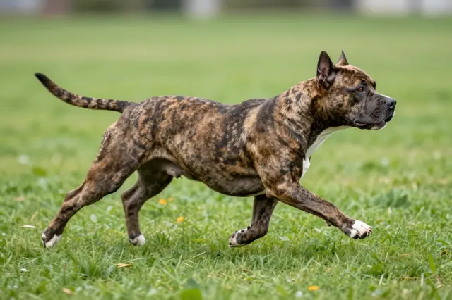 A brindle pit bull terrier runs side view mid-stride across a green park lawn.