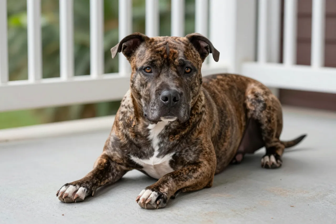 A brindle pit bull with a white chest lies relaxed on a sunny residential porch looking at the camera.