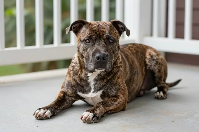 A brindle pit bull with a white chest lies relaxed on a sunny residential porch looking at the camera.