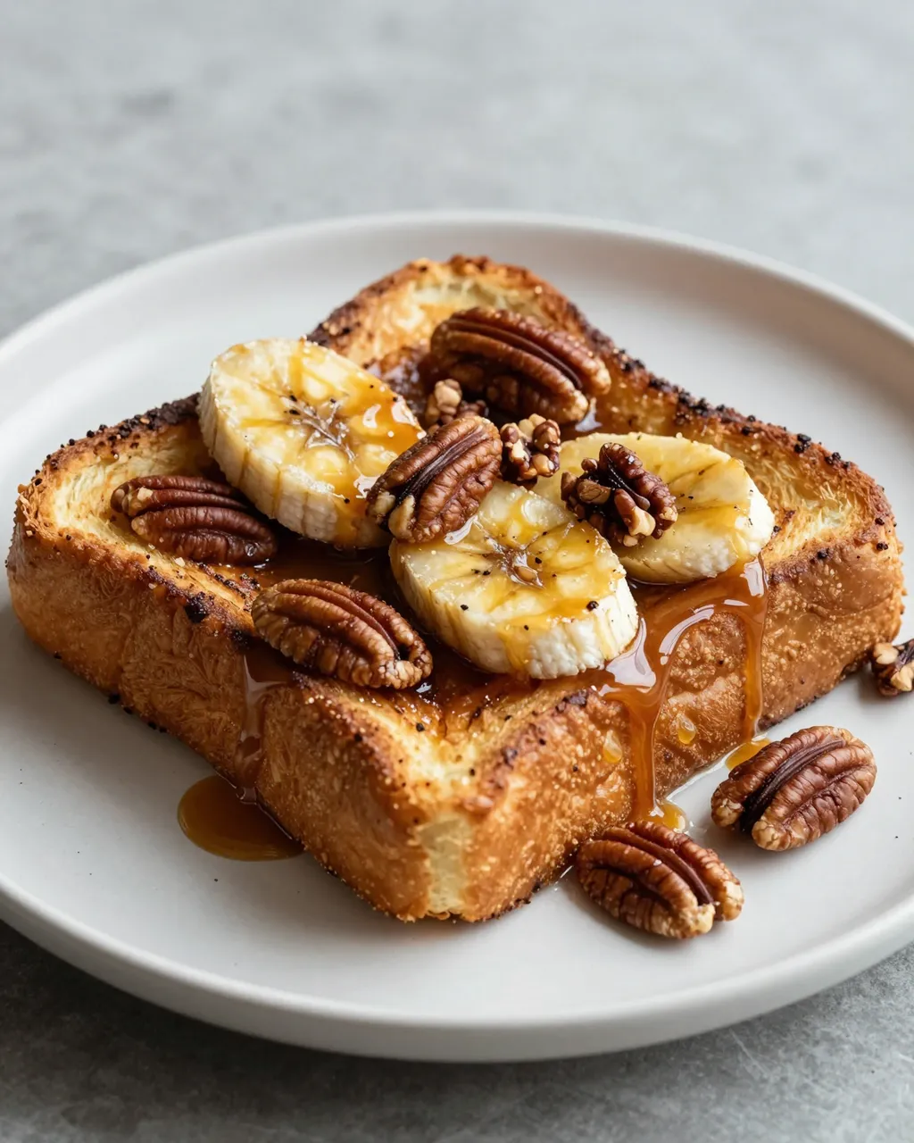 A plated serving of brioche french toast topped with banana slices, pecans, and drizzled caramel syrup on a light gray plate.