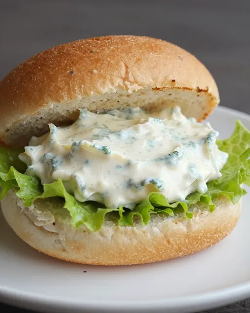 A close-up of a brioche bun sandwich with lettuce and herb-speckled creamy remoulade on a white plate.