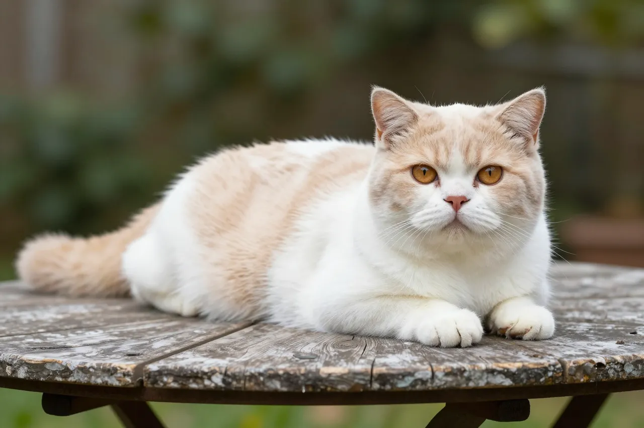 A cream and white British Shorthair cat lounges on a weathered wooden garden table