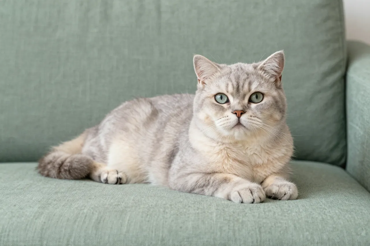 Pale gray British Shorthair cat rests on a sage green linen sofa looking toward the camera.