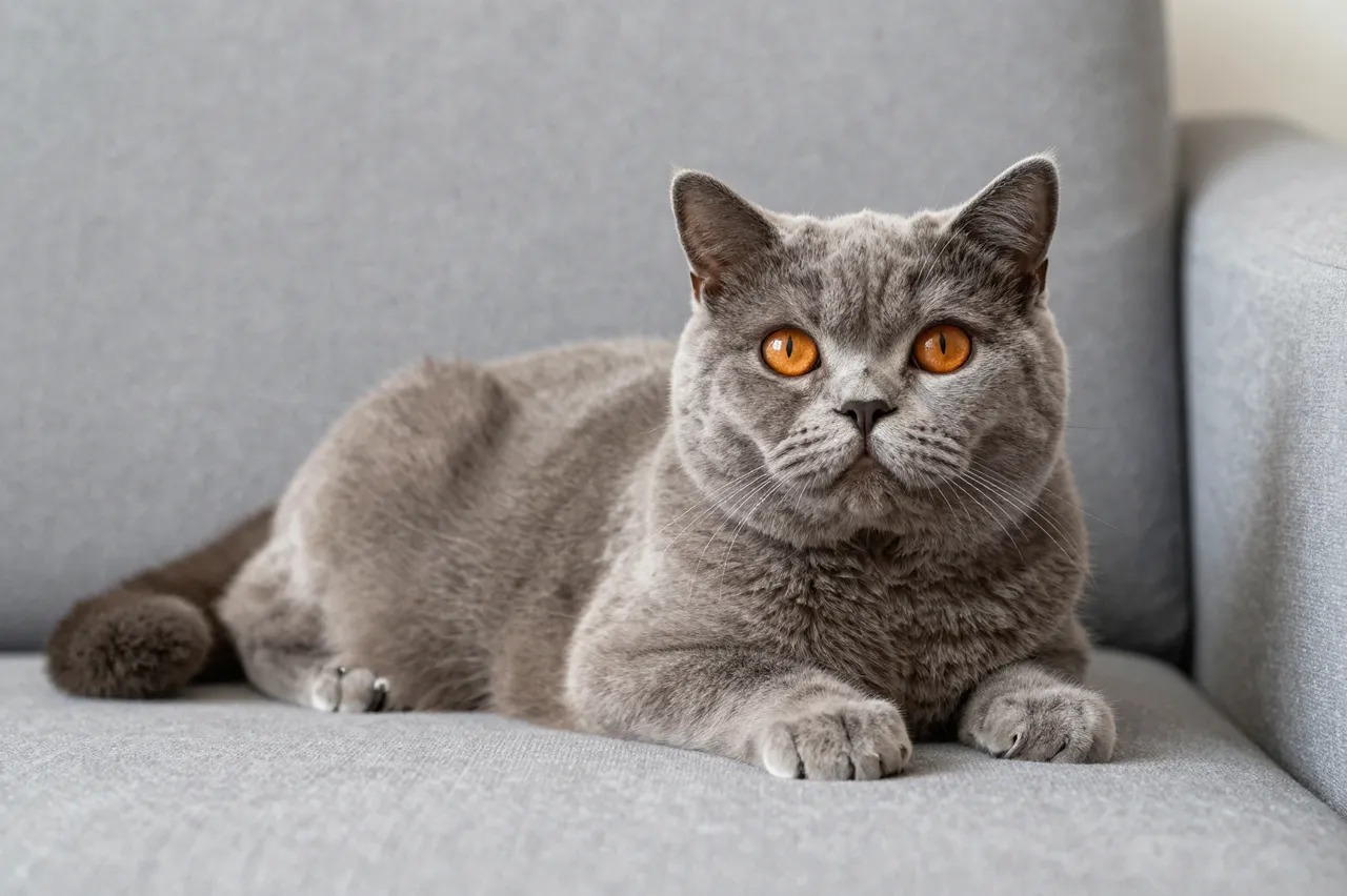 Gray British Shorthair cat with copper eyes lies calmly on a light gray fabric sofa looking at the camera.