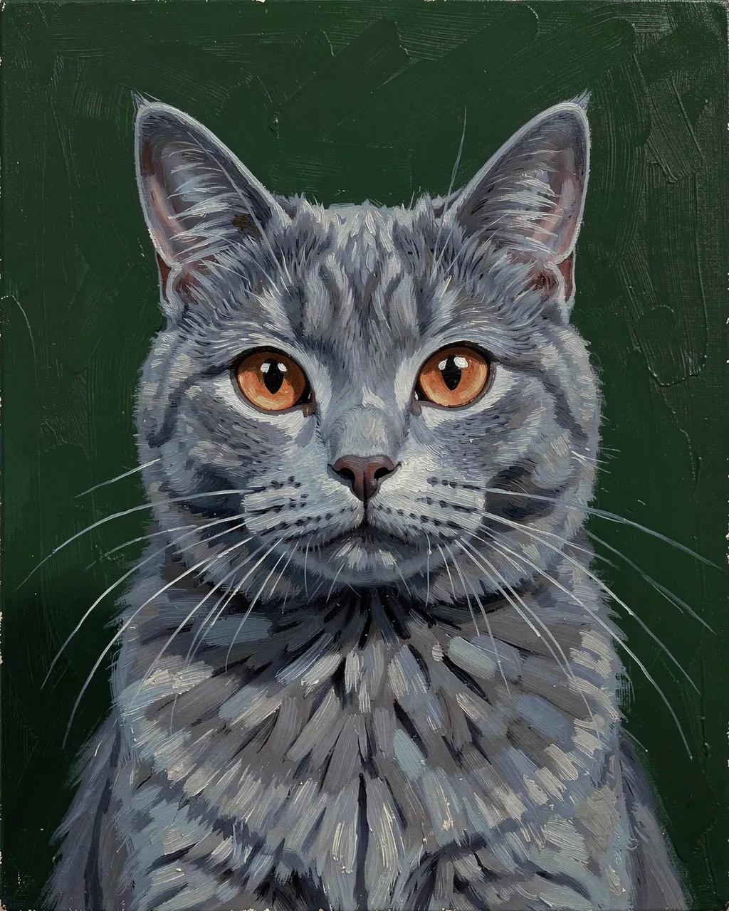 Oil painting portrait of a blue-gray British Shorthair cat with copper eyes against a dark green background