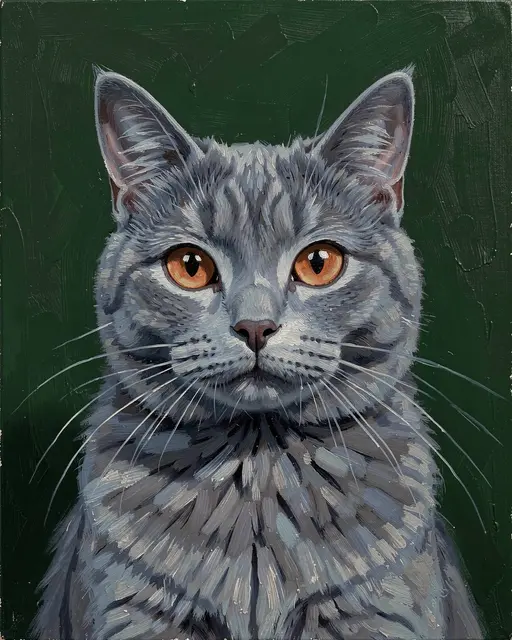 Oil painting portrait of a blue-gray British Shorthair cat with copper eyes against a dark green background