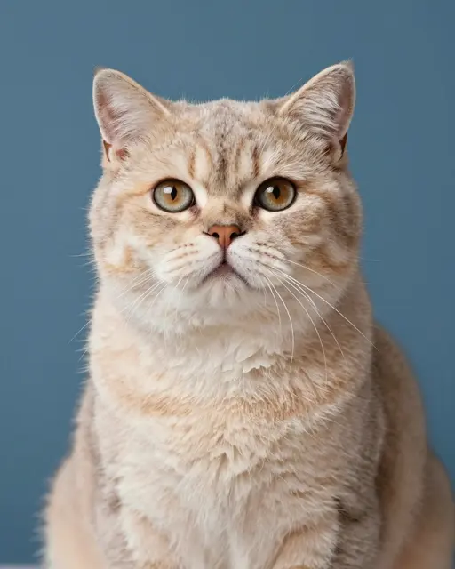 Close-up portrait of a round-cheeked golden British Shorthair cat against a solid blue background