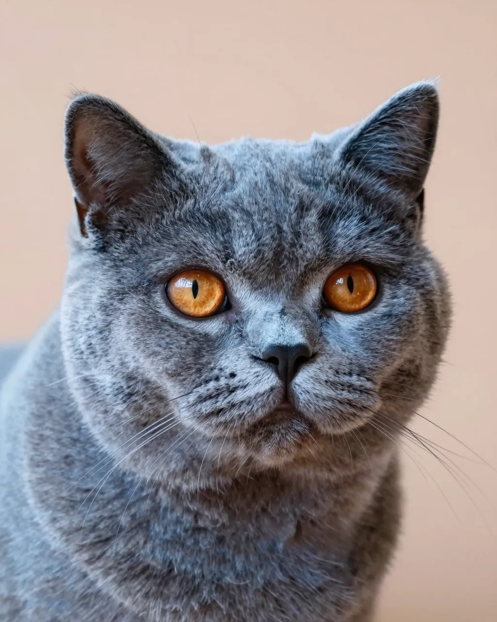 A close-up head portrait of a plush blue-gray British Shorthair cat with bright orange eyes against a soft peach backdrop.