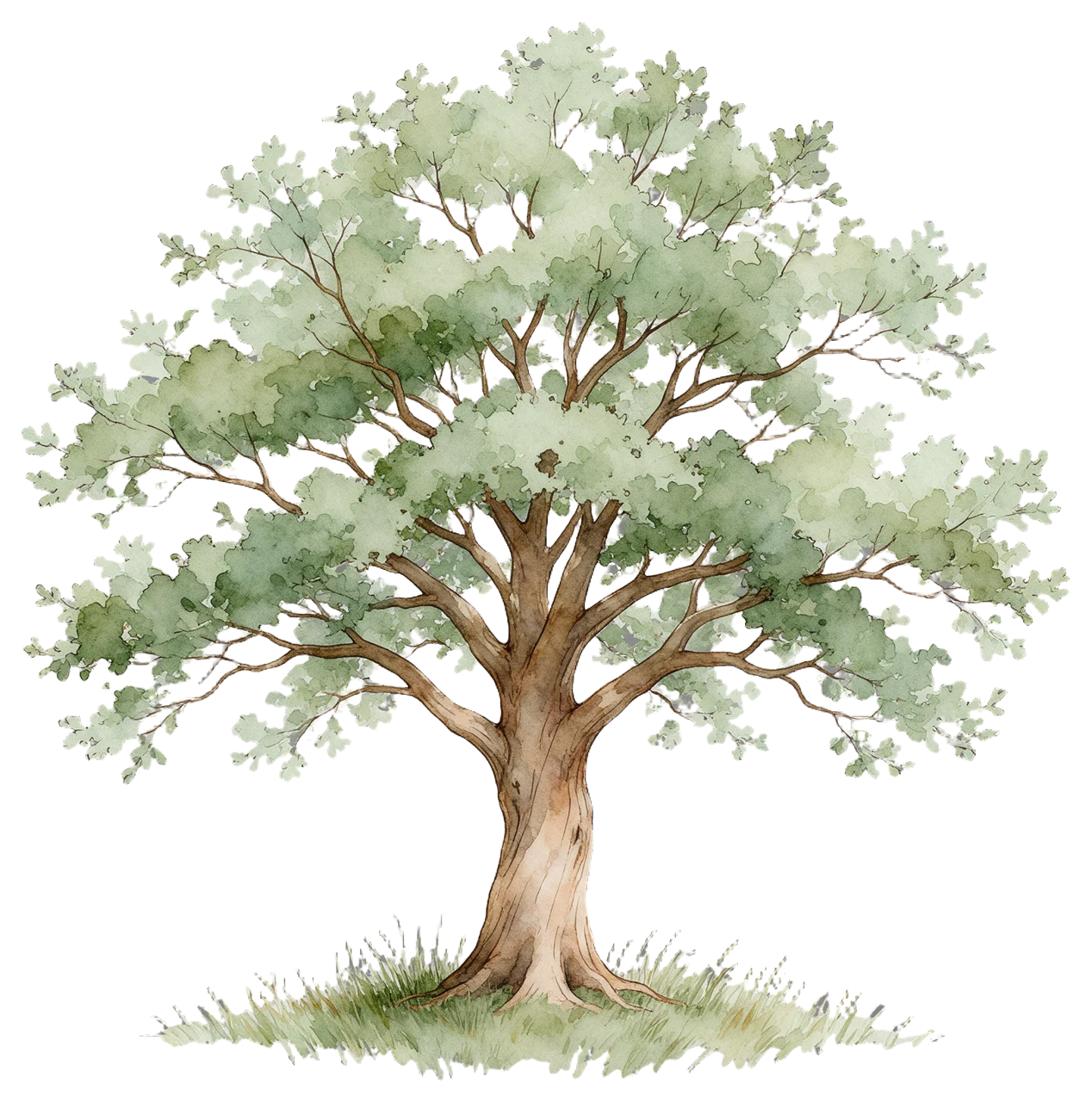Delicate watercolor illustration of a broad crowned deciduous tree standing on a small patch of grass