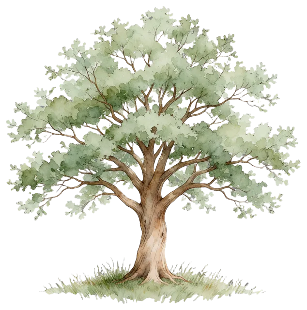 Delicate watercolor illustration of a broad crowned deciduous tree standing on a small patch of grass