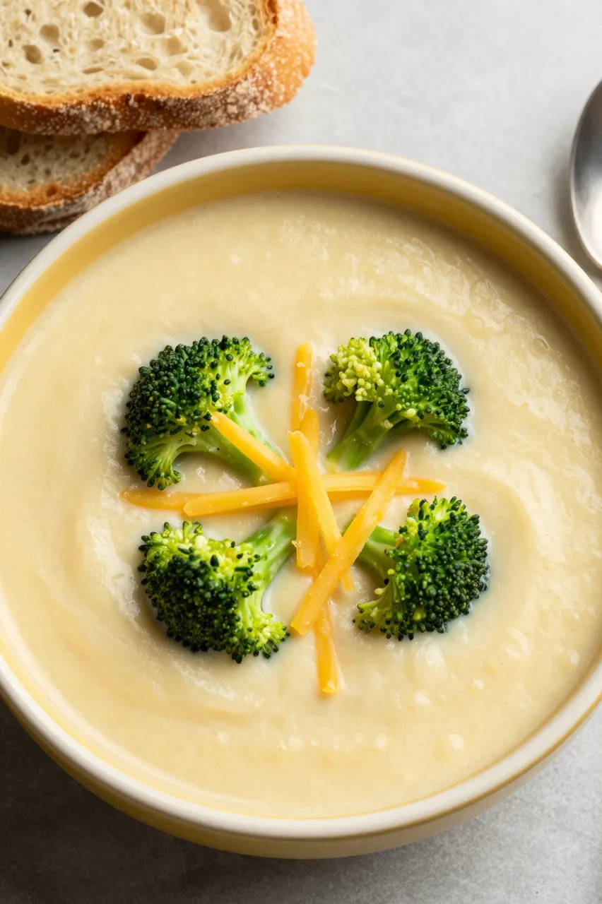 Overhead view of creamy broccoli cheddar soup topped with florets and cheese, next to crusty bread slices
