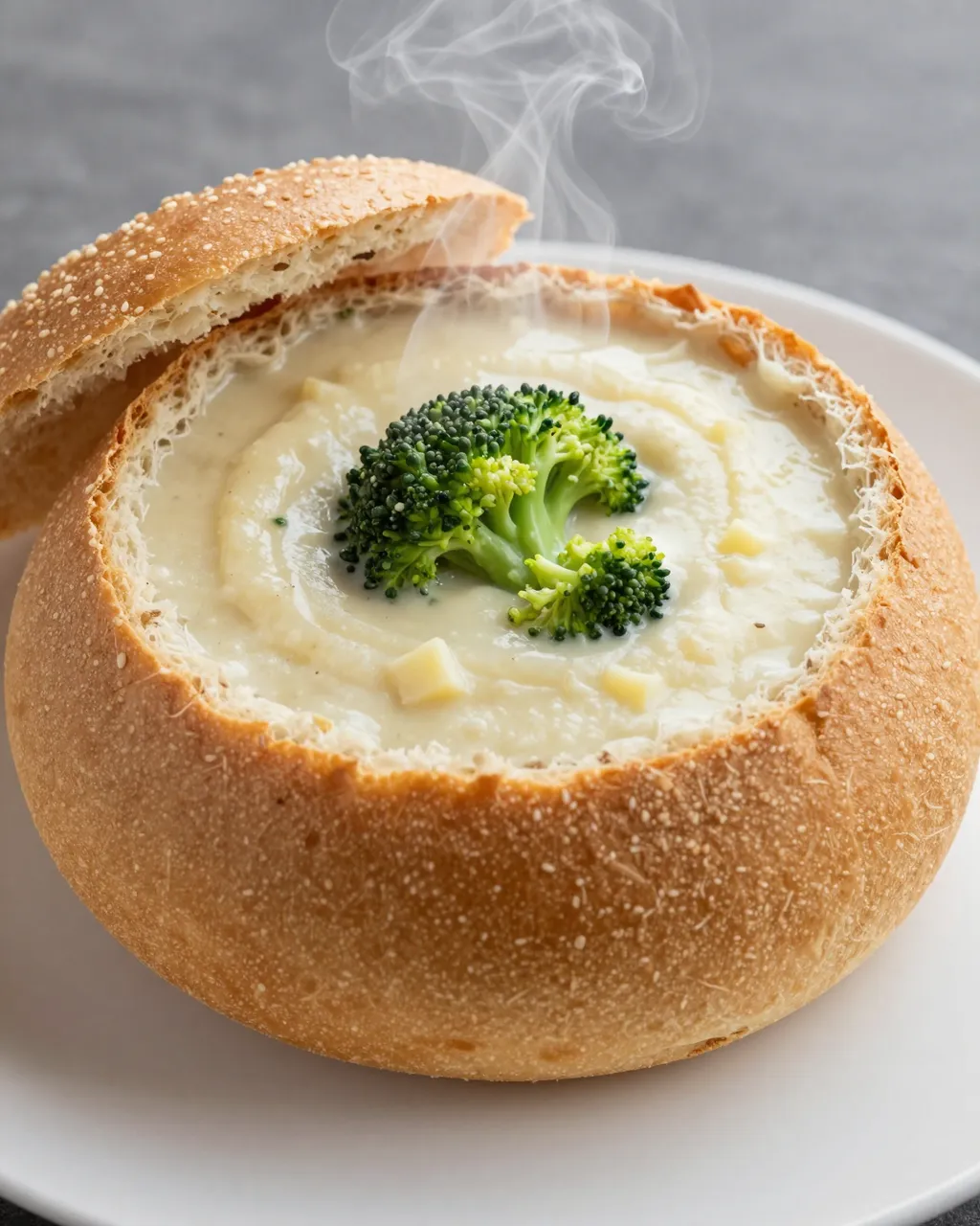Steaming broccoli cheddar soup in a seeded hollowed bread bowl rests on a white plate