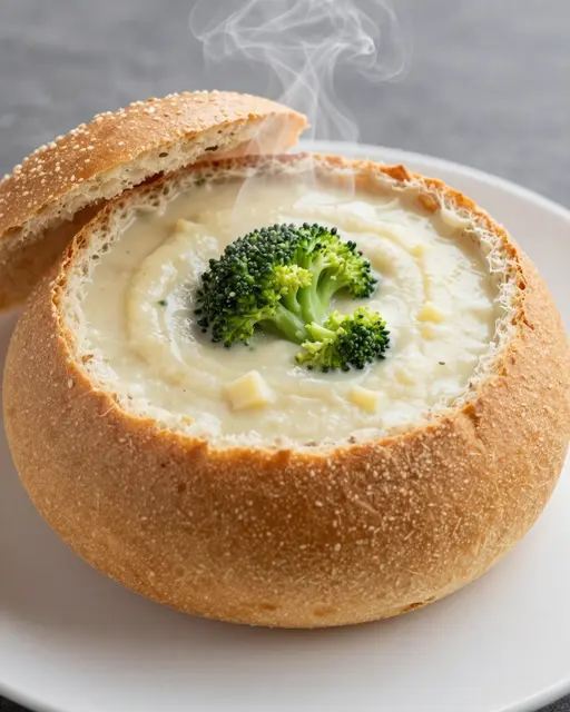 Steaming broccoli cheddar soup in a seeded hollowed bread bowl rests on a white plate