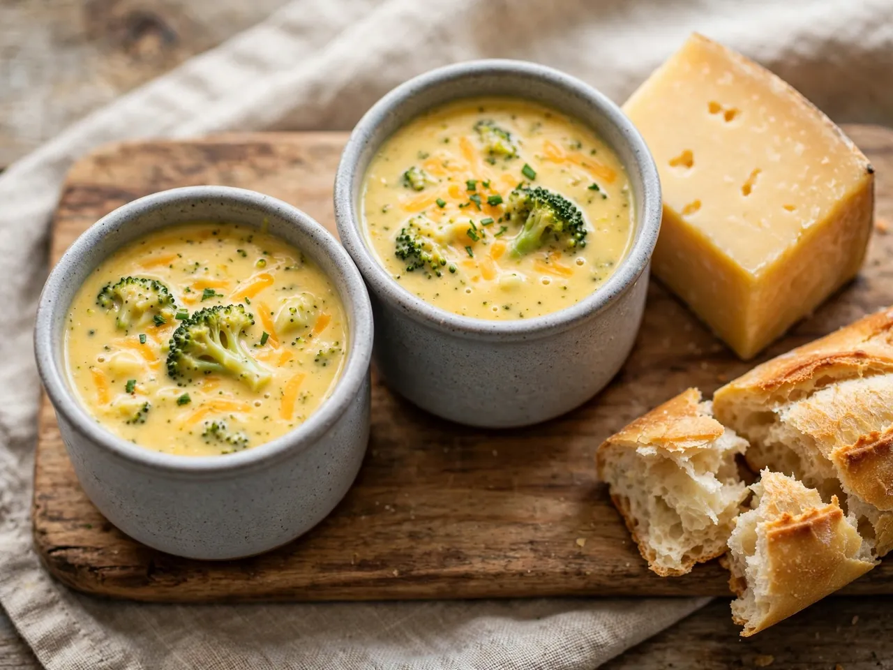 Two crocks of broccoli cheddar soup sit on a wooden board with cheese and torn baguette.