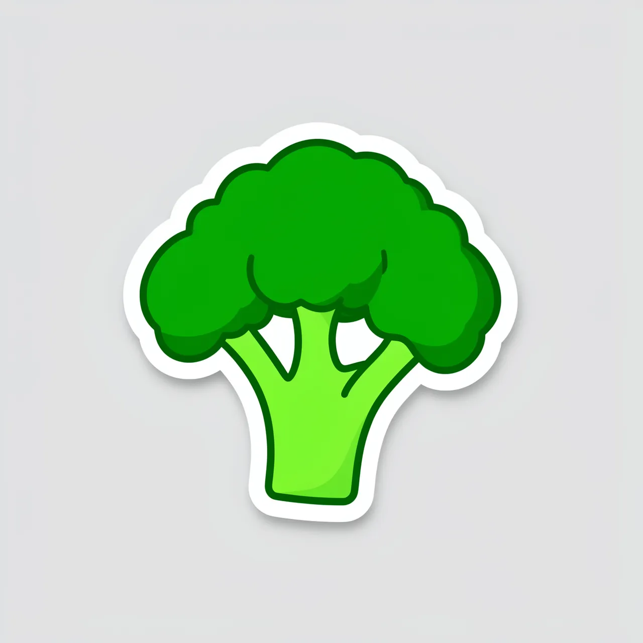 A cute flat illustration broccoli floret sticker with a thick white border sits on a light gray background