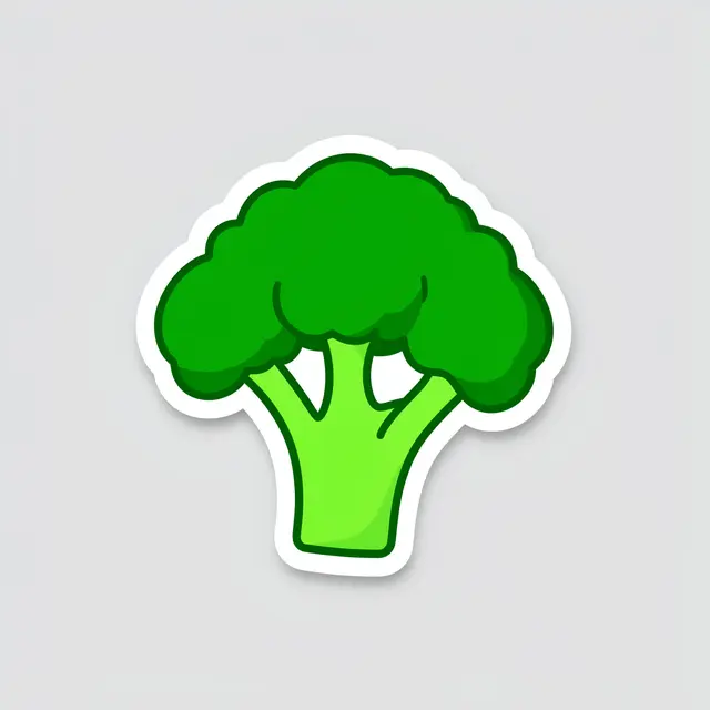 A cute flat illustration broccoli floret sticker with a thick white border sits on a light gray background