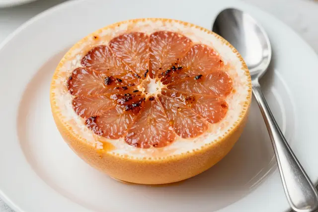 A caramelized broiled grapefruit half rests on a white plate next to a silver spoon.