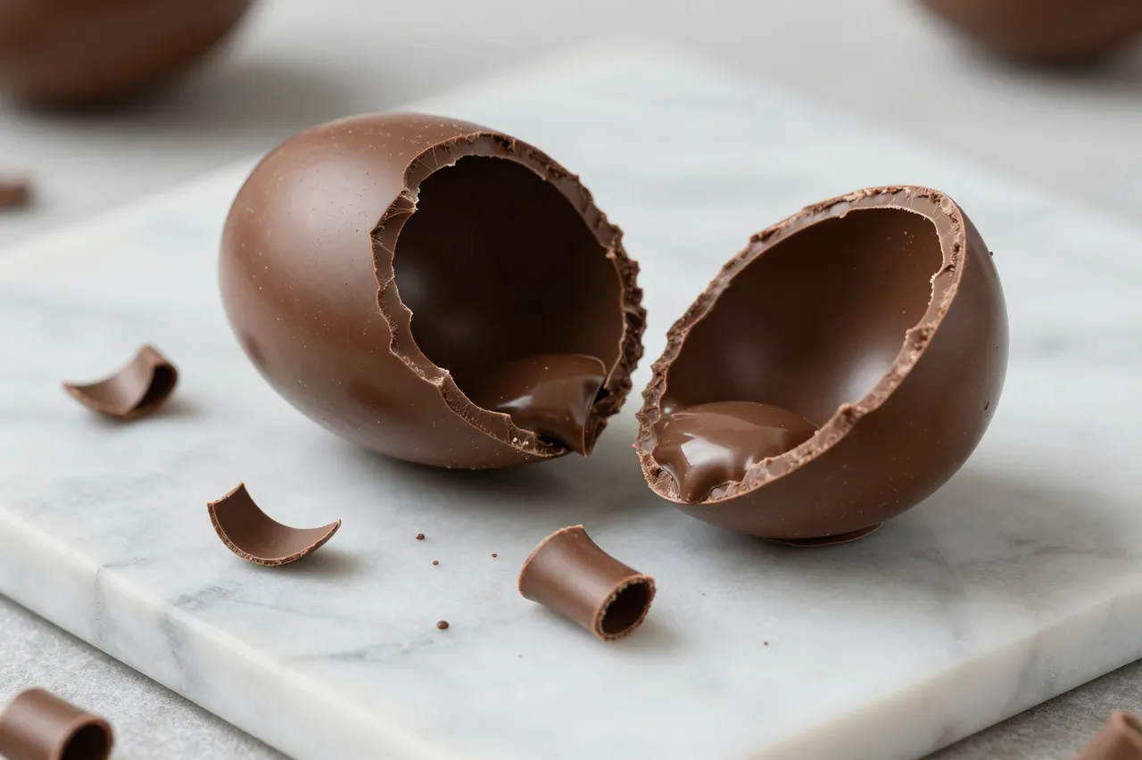 A hollow milk chocolate Easter egg split open sits on a white marble board with chocolate curls and shards.