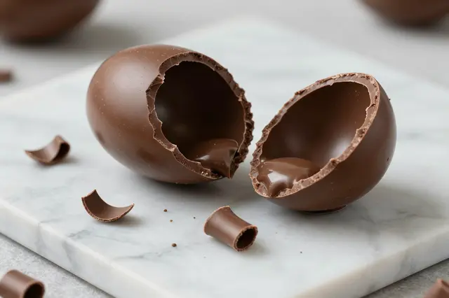 A hollow milk chocolate Easter egg split open sits on a white marble board with chocolate curls and shards.