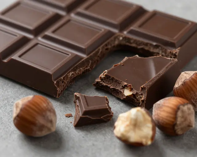 Broken dark chocolate pieces arranged with whole and shelled hazelnuts on a gray matte surface