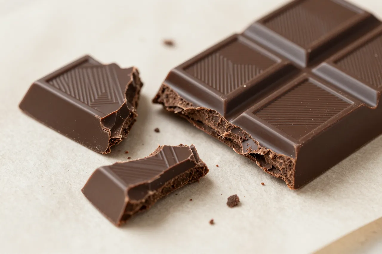 Chunks of broken dark chocolate rest scattered on light parchment paper with small crumbs.