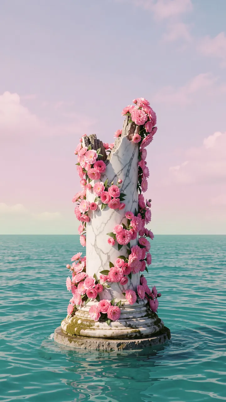 A weathered broken marble column wrapped in pink flowers rises from turquoise ocean water under a pastel pink sky