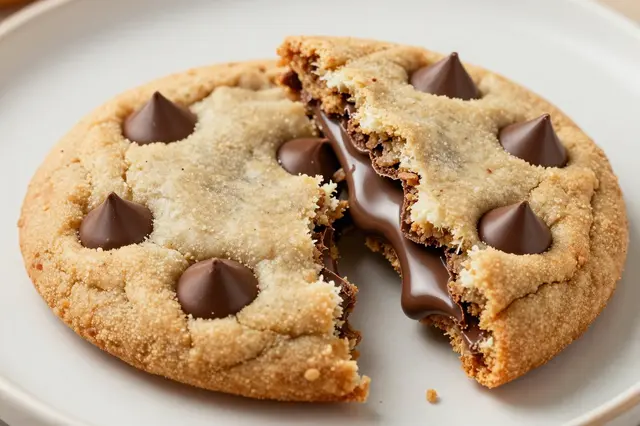 A split chocolate chip cookie rests on a light plate with oozing melted chocolate between its halves.