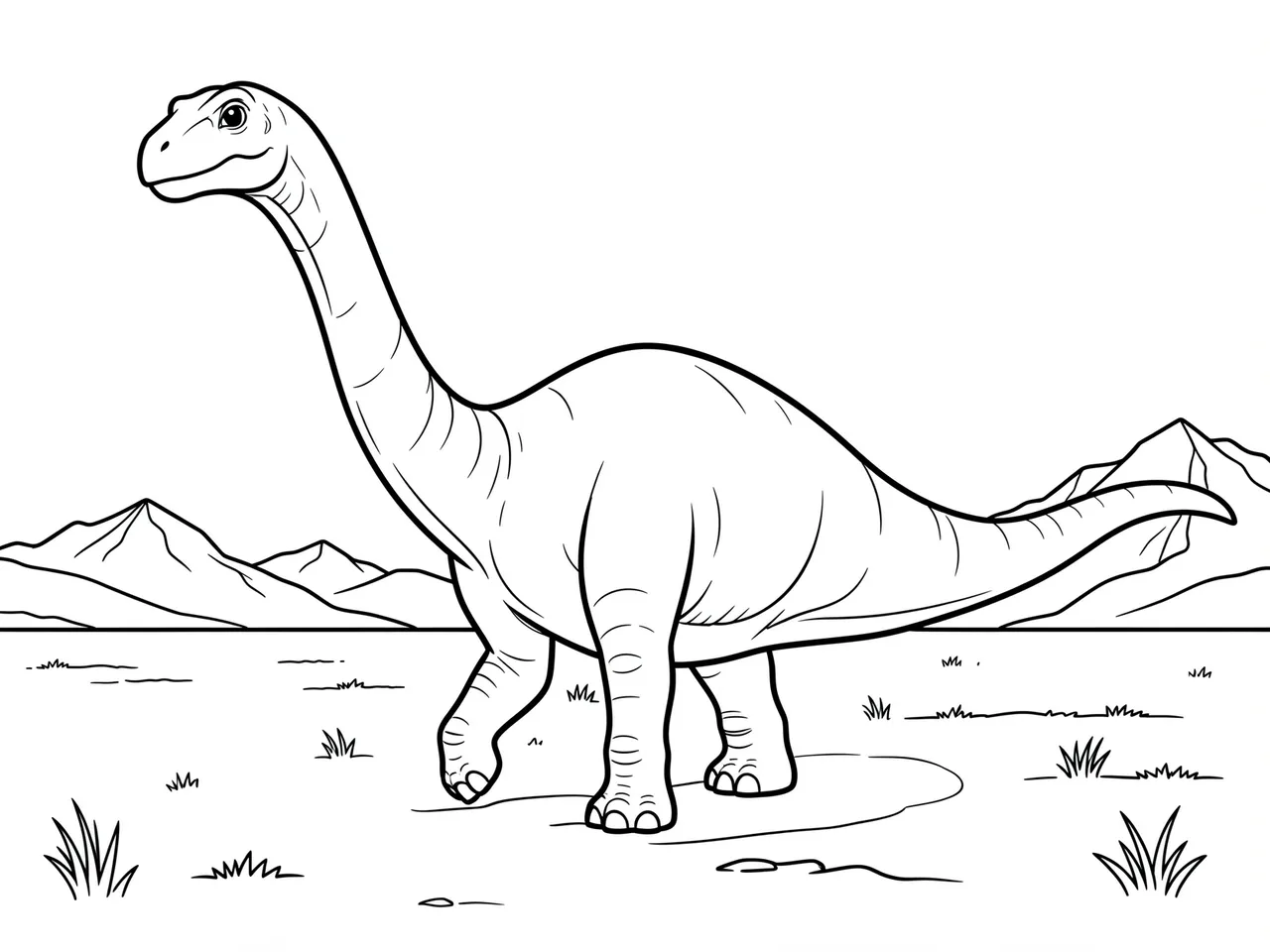 Black and white line art of a brontosaurus walking across a plain with distant mountains