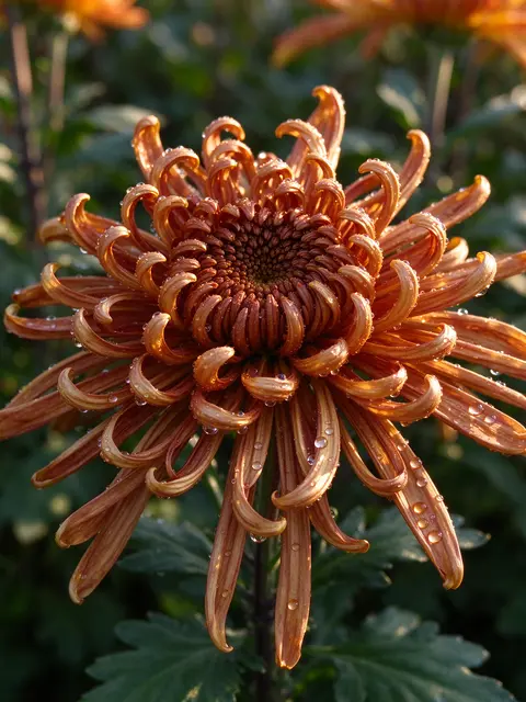 Close-up of a curled bronze chrysanthemum bloom covered in dew in soft morning light