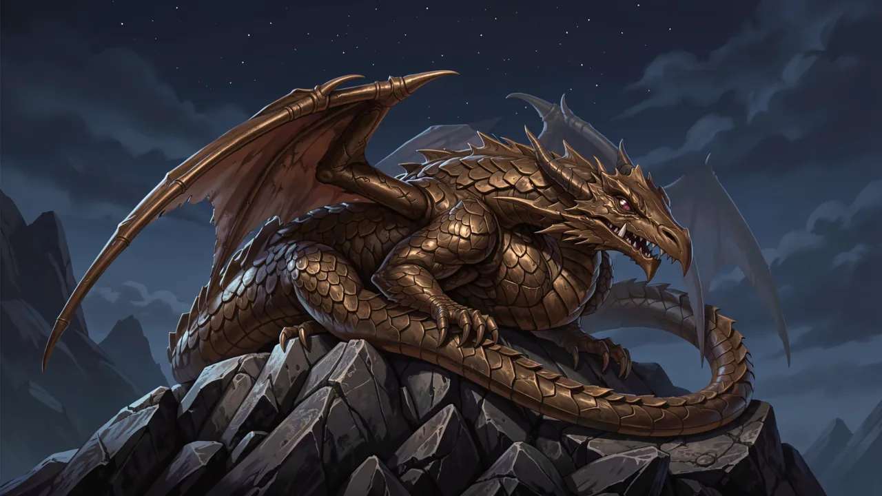 An ancient scaled bronze dragon rests coiled atop a jagged rocky peak under a starry night sky