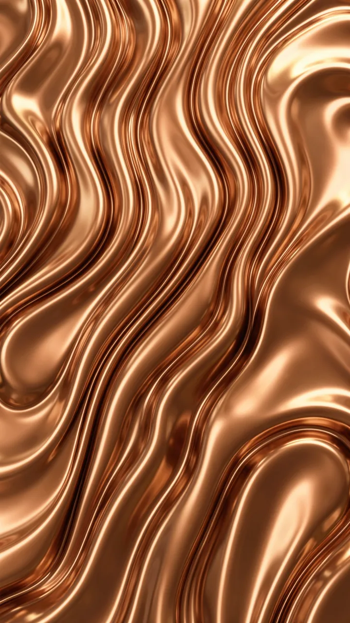 Glossy wavy liquid bronze and copper metal surface with soft warm light reflections