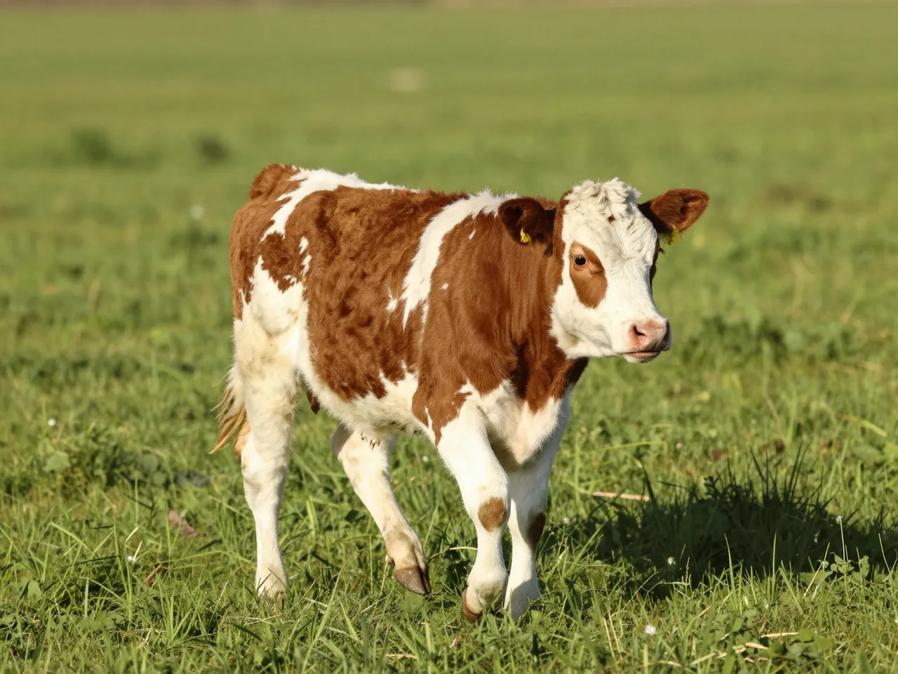 A brown and white calf walks through a sunlit green spring pasture.