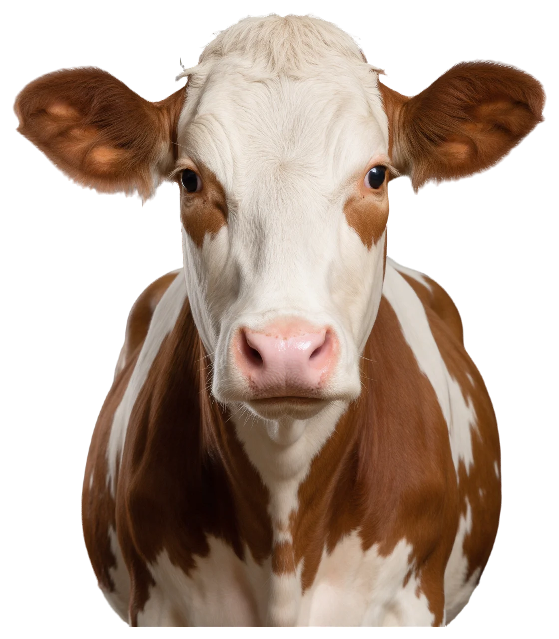 Head and shoulders portrait of a brown and white dairy cow looking directly at the camera with a calm expression