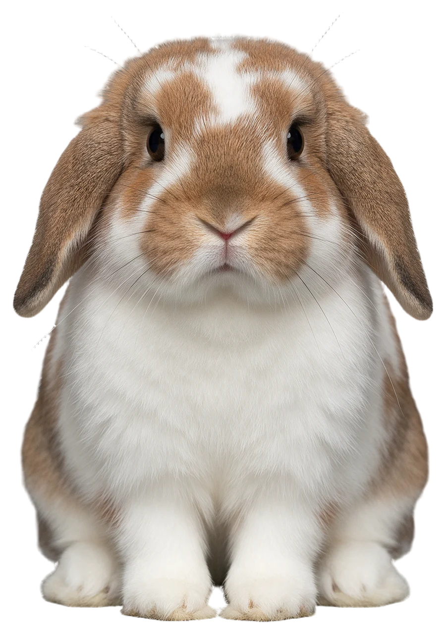 A fluffy brown and white lop eared rabbit sits facing directly toward the camera.