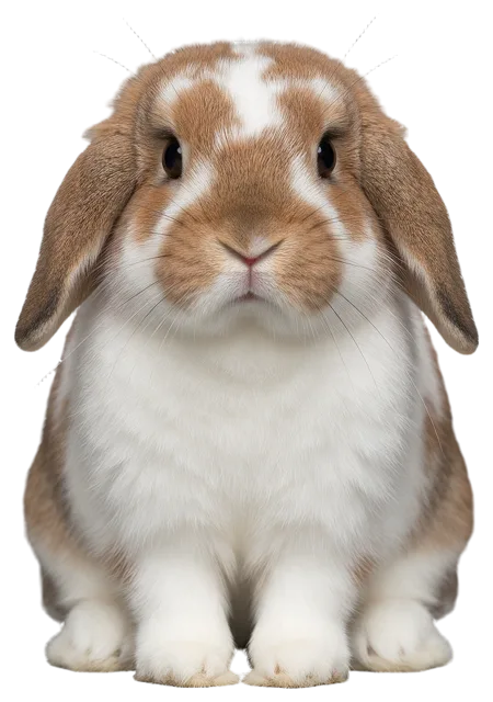 A fluffy brown and white lop eared rabbit sits facing directly toward the camera.
