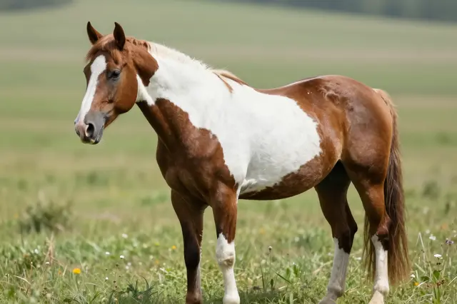 A brown and white paint horse stands still in a sunlit grassy meadow.