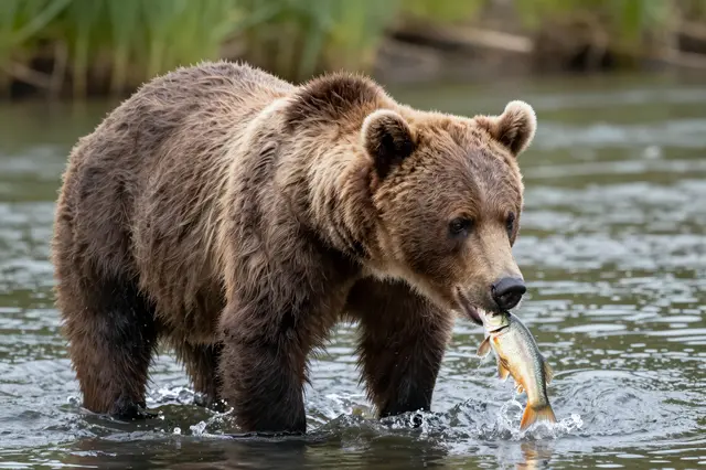 A wet brown bear stands in shallow river water holding a fresh fish in its mouth